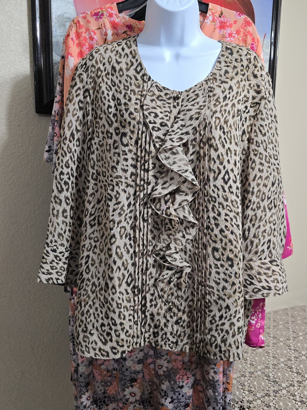 Leopard Print Ruffle Front Blouse - Neutral Animal Print